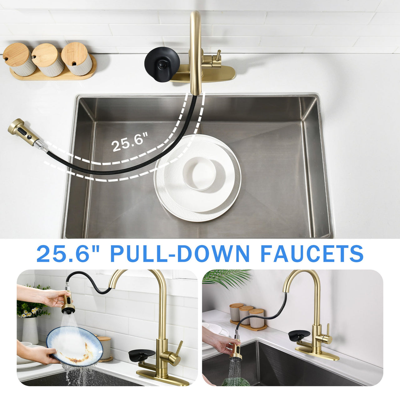 3-in-1 Kitchen Faucet with Press-Type Glass Rinser, Brushed Gold Finish, High-Arc Pull-Down Sprayer, Universal for 1 & 3 Holes, Stainless Steel and ABS Construction