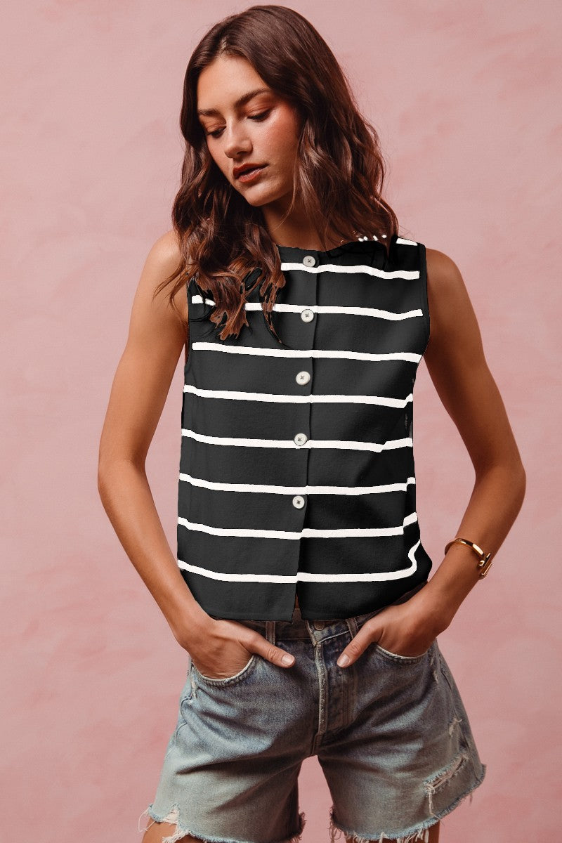 SO ME Button Front Stripe Fine Sweater Sleeveless Top