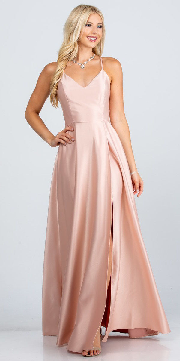 CLEARANCE - La Scala 25895 Open Side Back Spaghetti Tie Stretch Satin Gown (Size XL)