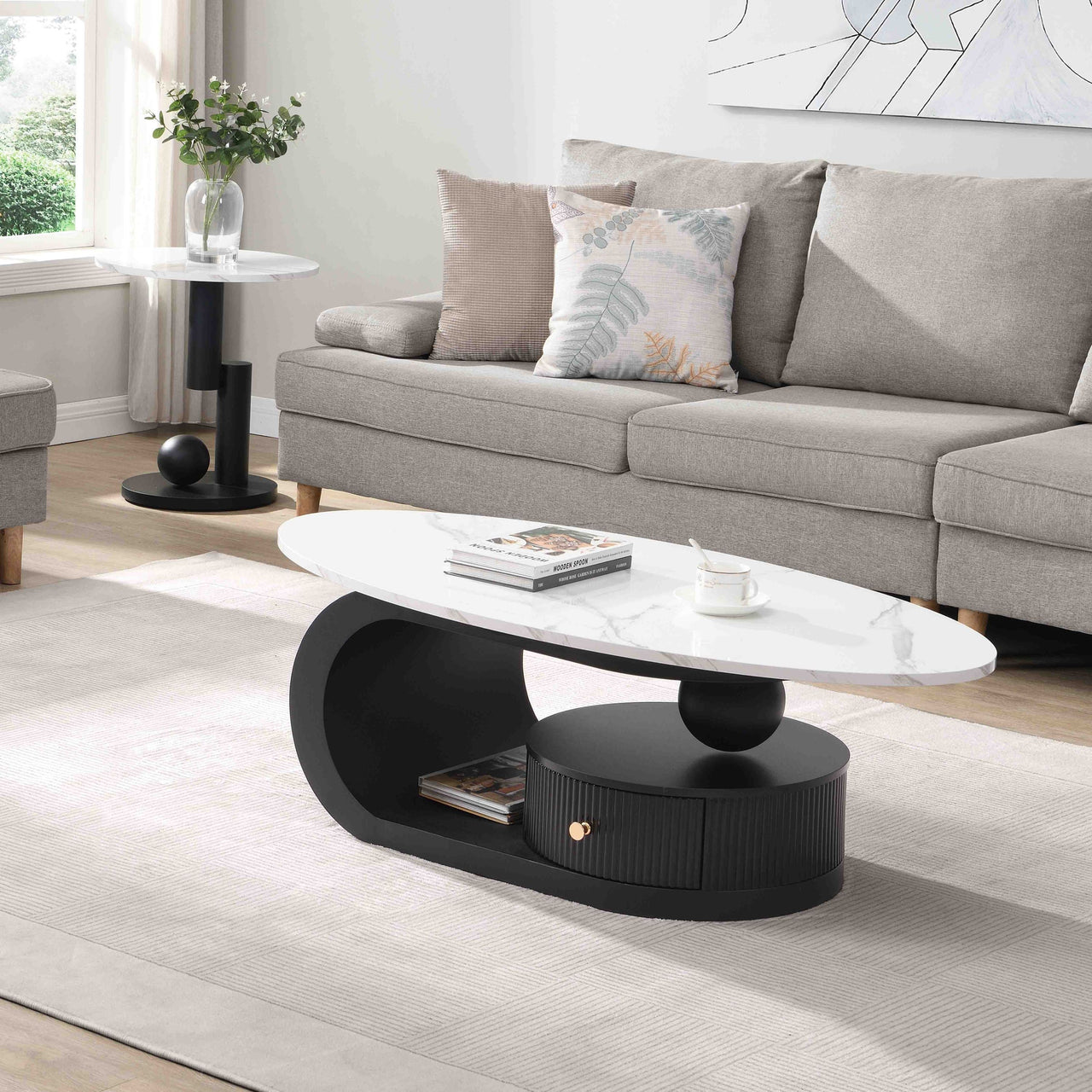 Modern Nesting Coffee Table Set of 2 End Table for Living Room, Oval and Round Table Set