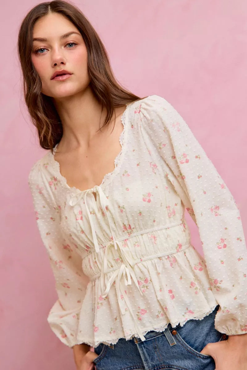 SO ME Floral Clip Dot Lace Trim Ruched Bodice Blouse