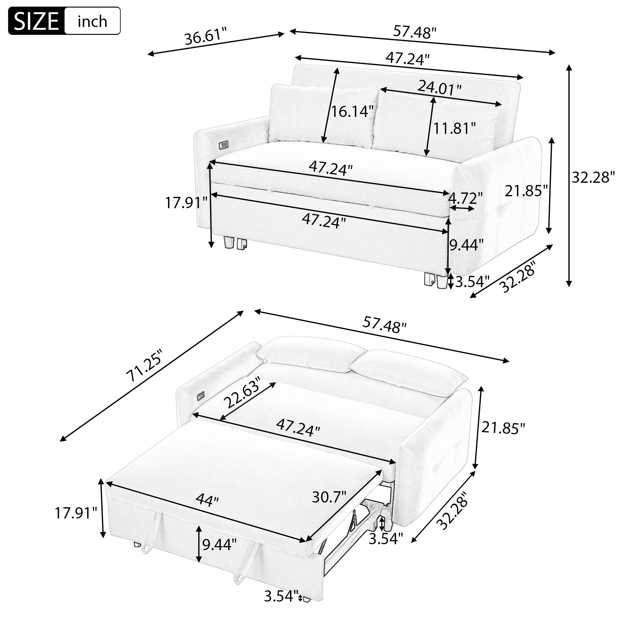 Modern Convertible Pull-out Sofa Bed with USB Ports and Pillows, Beige Corduroy, 57.48 inches