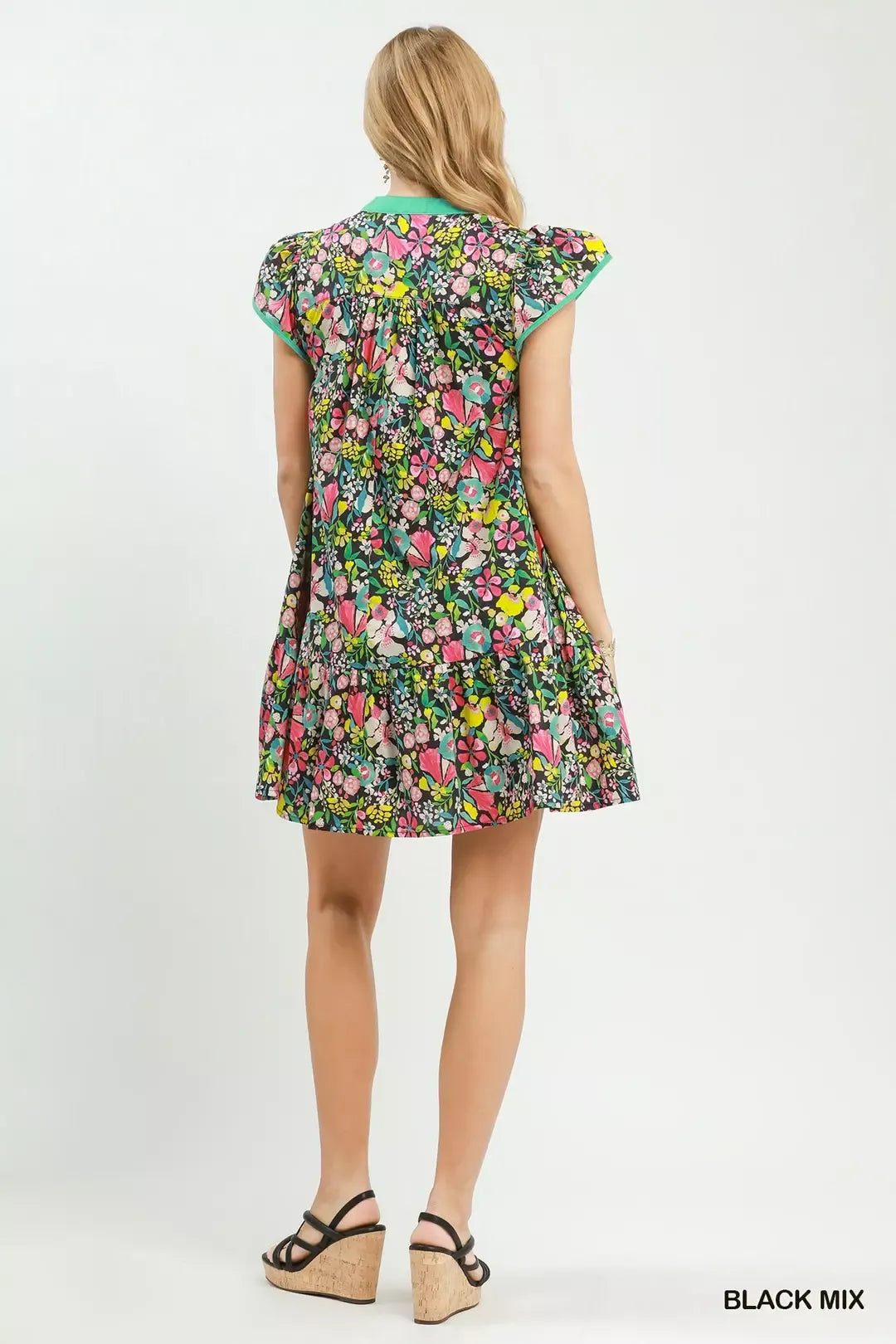 Umgee Floral Flutter Sleeve Tiered Mini Dress