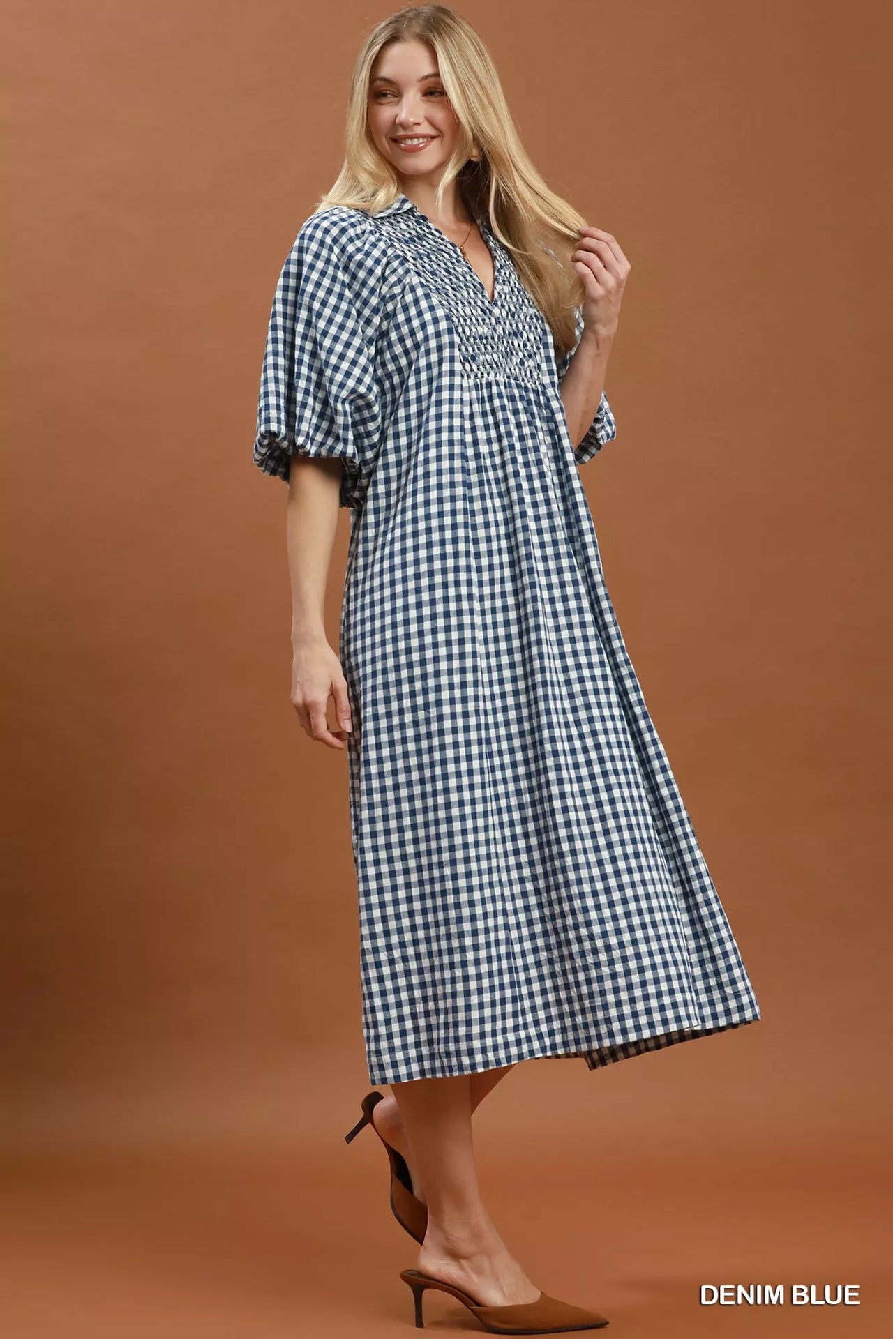 Umgee Puff Sleeve Plaid Midi Dress