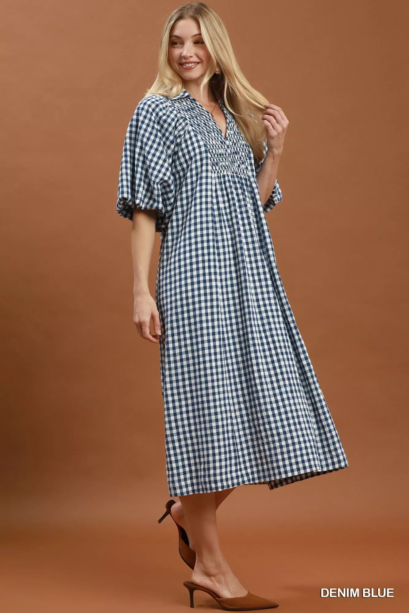 Umgee Puff Sleeve Plaid Midi Dress