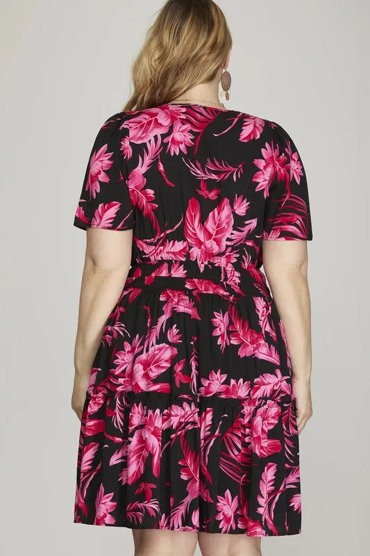 She + Sky Full Size Printed Notched Short Sleeve Frill Tiered Dress Plus Size