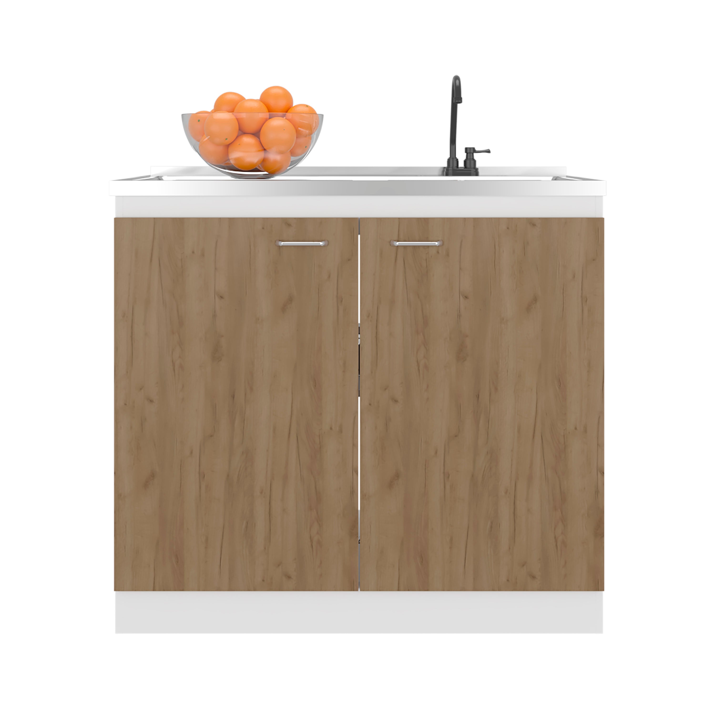 Napoles Utility Sink with Faucet Inclued and Integrated Stainless Steel Counter top, Freestanding cabinet with two doors, Metal Handles and Two interior shelves, Natural+White