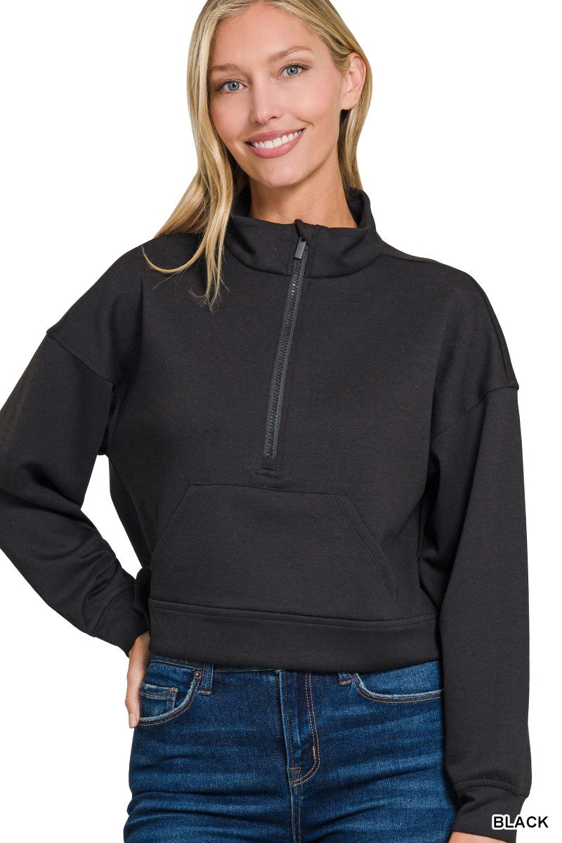Zenana Scuba Half Zip Pullover With Kangaroo Pockets