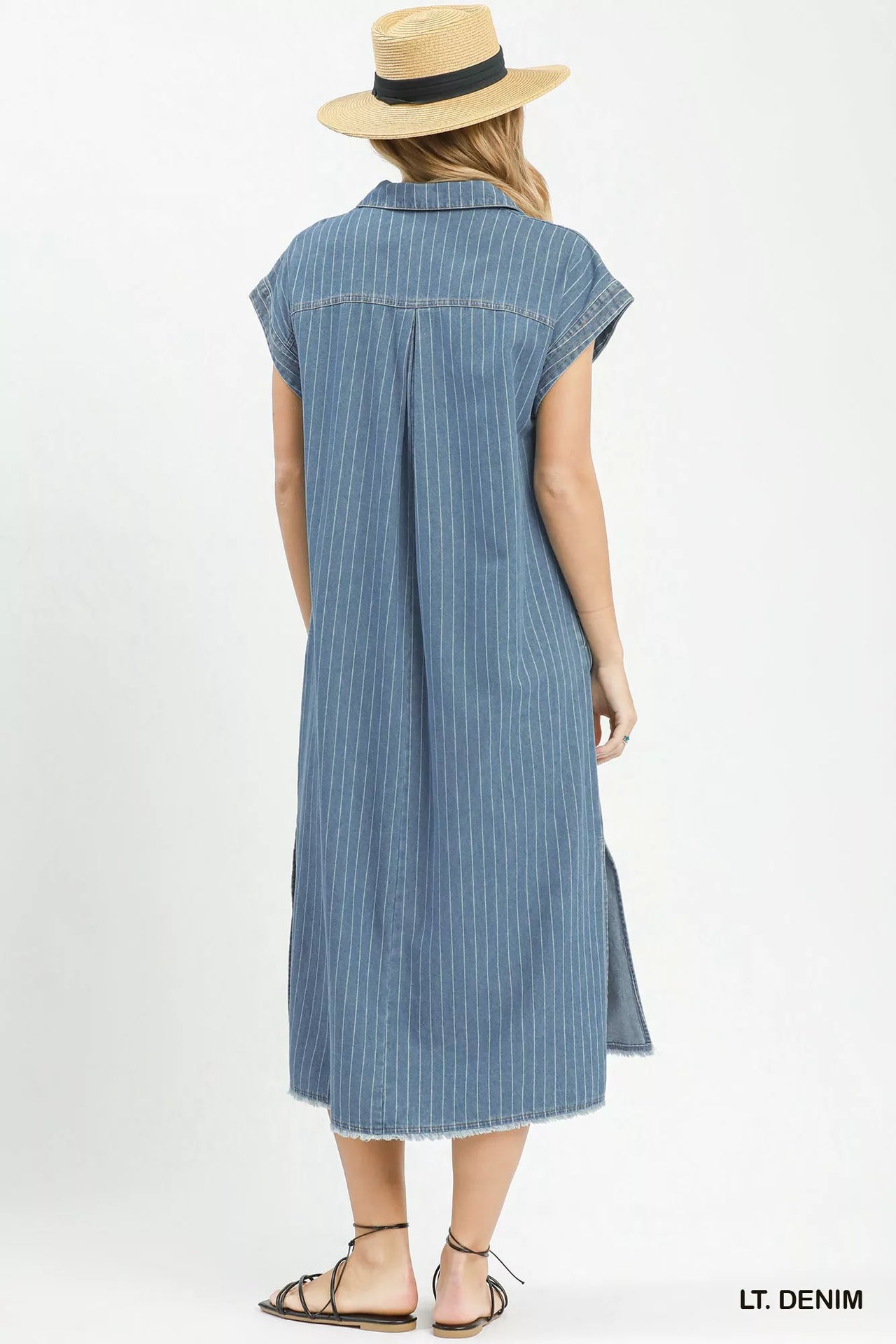 Umgee Pinstripe Denim Collared Midi Dress with Side Slits