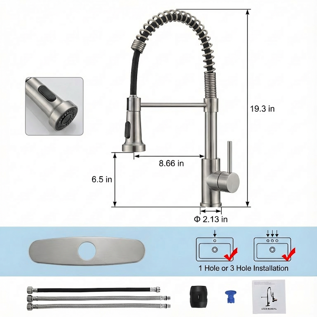 Kitchen Faucet with Pull Down Sprayer Industrial 1 Handle 1 Hole Or 3 Hole Faucet for Farmhouse Camper Laundry Utility Rv Wet Bar Sinks, Stainless Steel, Brushed Nickel