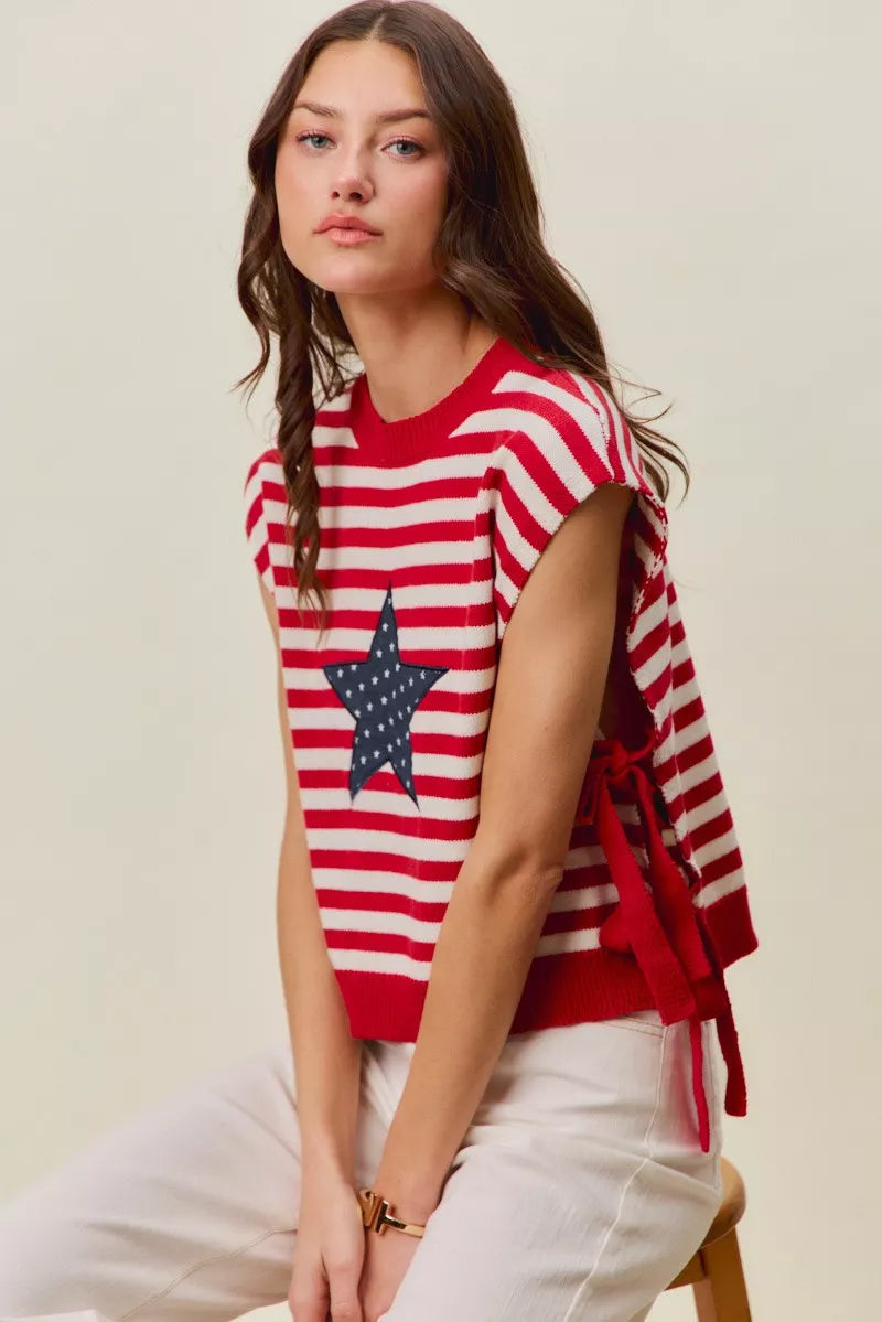 SO ME Stripe Star Patch 4th Of July Side Tie Vest Top