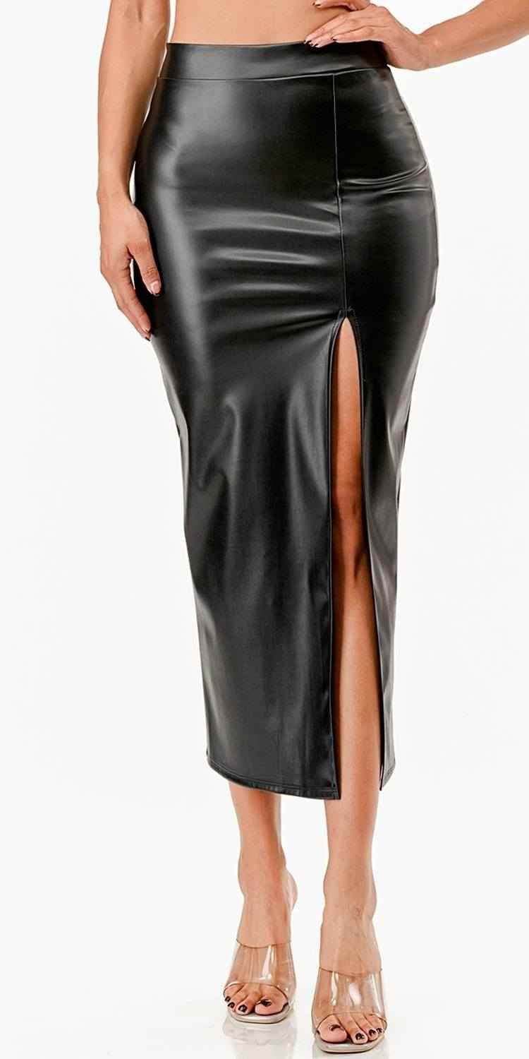 CLEARANCE - La Scala 26019 Mid Length PU leather Pencil Burgundy Skirt (Small) (Copy)
