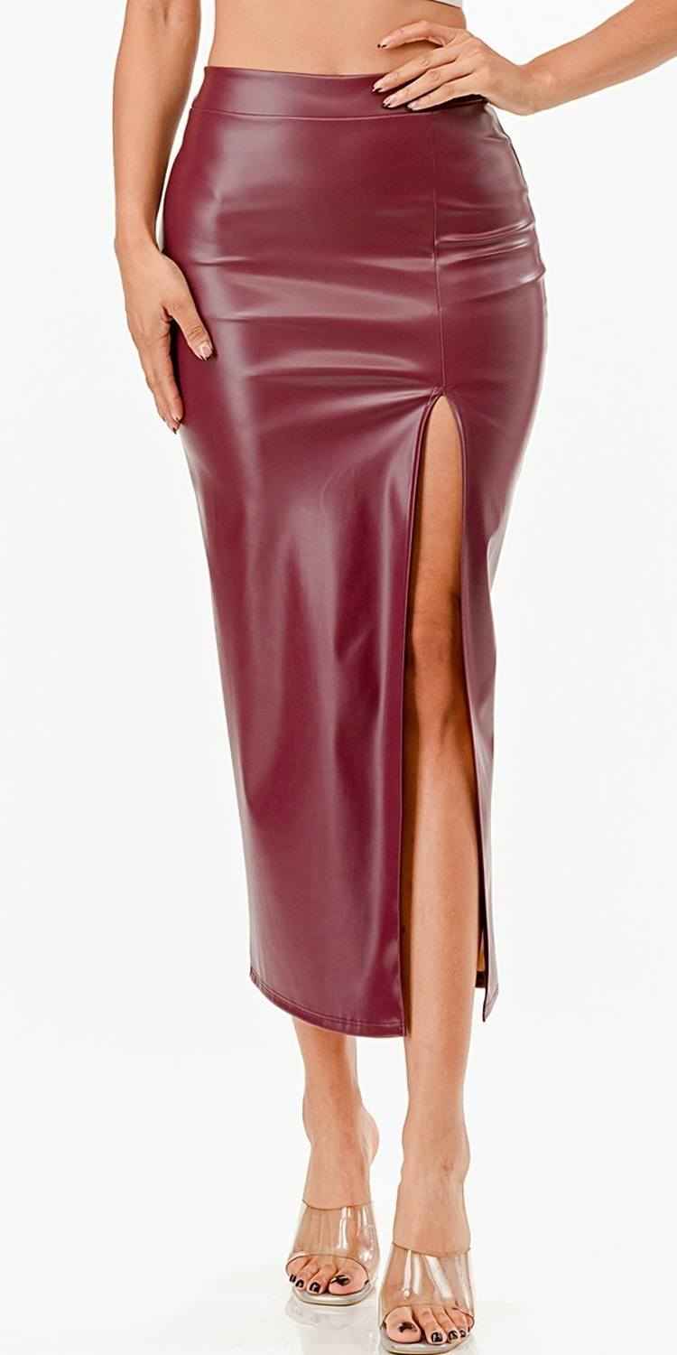 CLEARANCE - La Scala 26019 Mid Length PU leather Pencil Burgundy Skirt (Small) (Copy)