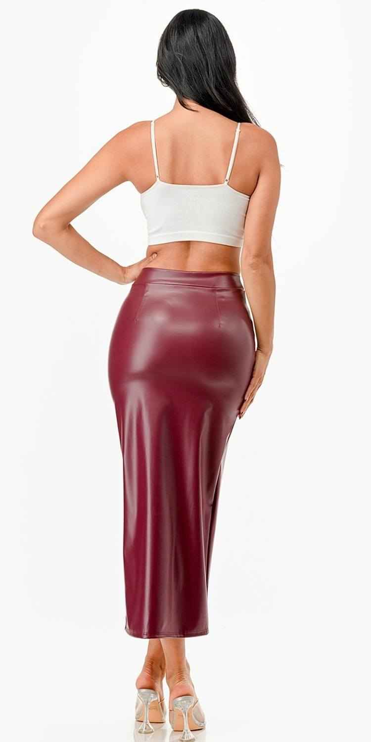 CLEARANCE - La Scala 26019 Mid Length PU leather Pencil Burgundy Skirt (Small) (Copy)