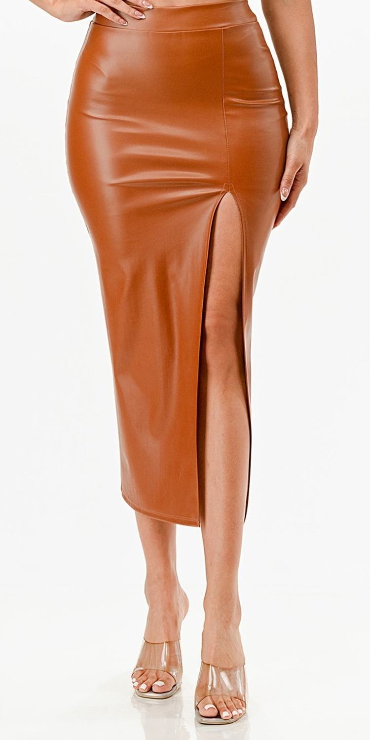 CLEARANCE - La Scala 26019 Mid Length PU leather Pencil Black Skirt (Small)