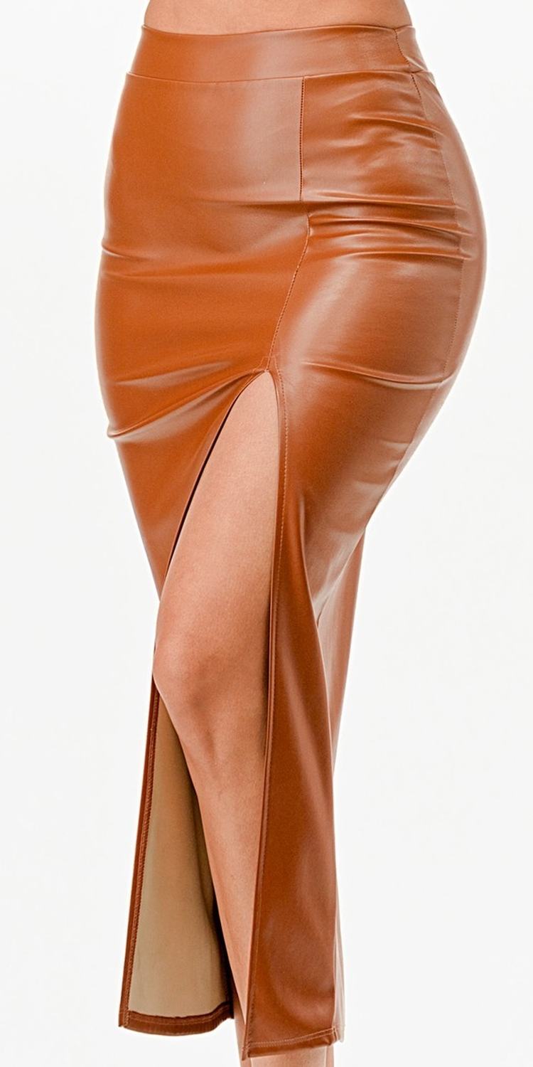 CLEARANCE - La Scala 26019 Mid Length PU leather Pencil Burgundy Skirt (Small) (Copy)