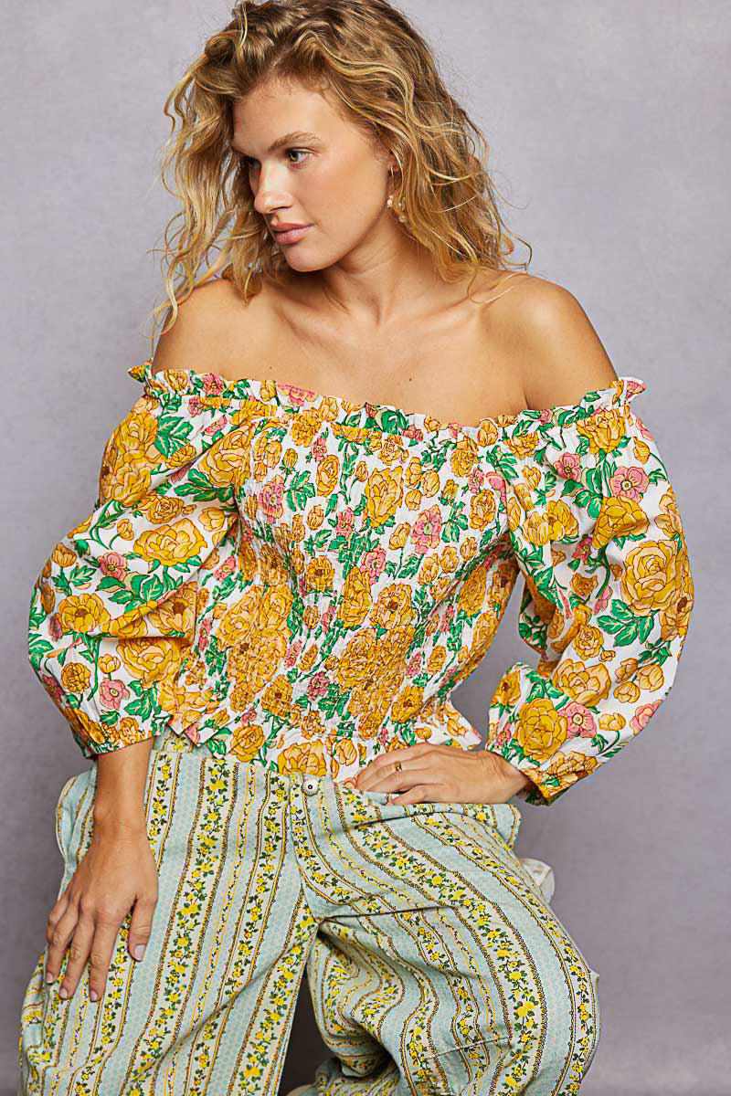 POL Floral Print Off-Shoulder Smocked Blouse