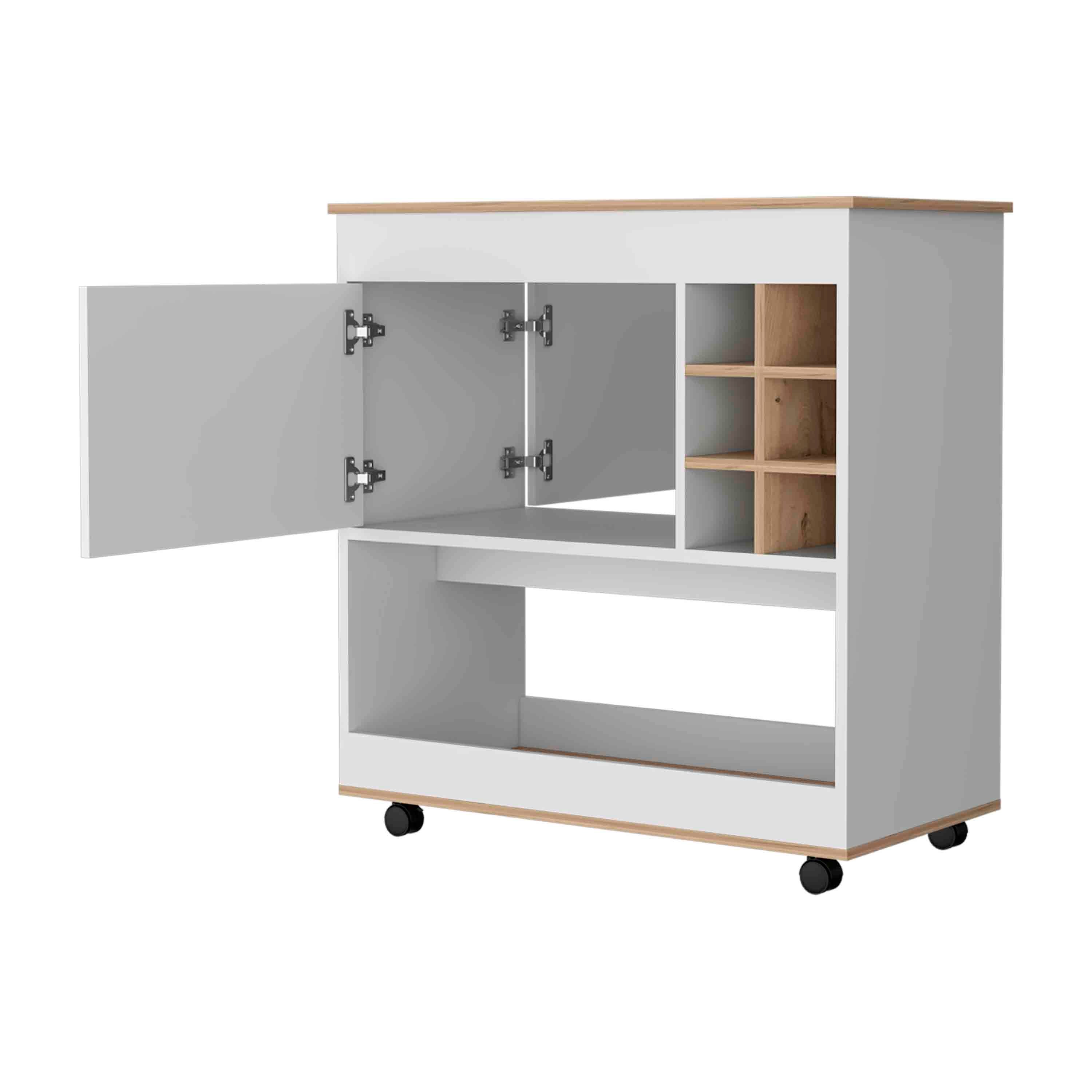 Texas Bar Cart, One Cabinet, Six Bottle Cubbies, One Lower Panel, Four Casters