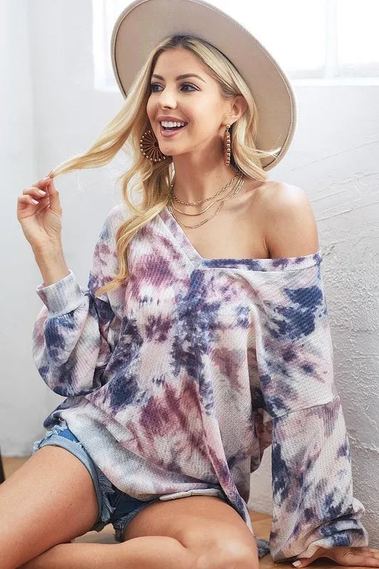 BiBi Tie-Dye V-Neck Long Sleeve Waffle Top