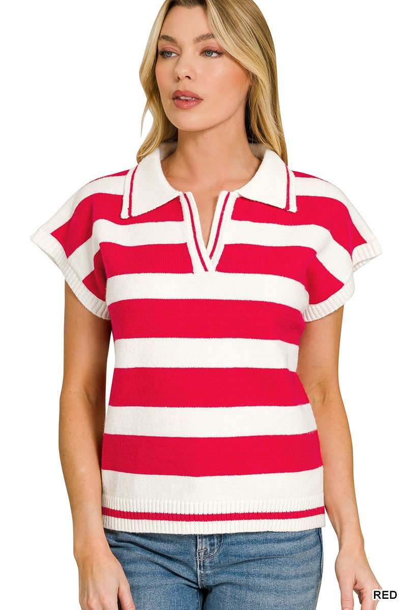 Zenana Striped Collared Short Sleeve Sweater