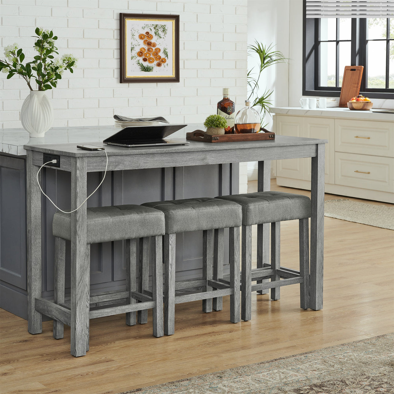 59 Inch Bar Table, Dining Table, Sofa Table with Power Outlet, 3 Upholstered Stools, 4 Piece Bar Table and Chair Set for Living Room, Dining Room, Kitchen