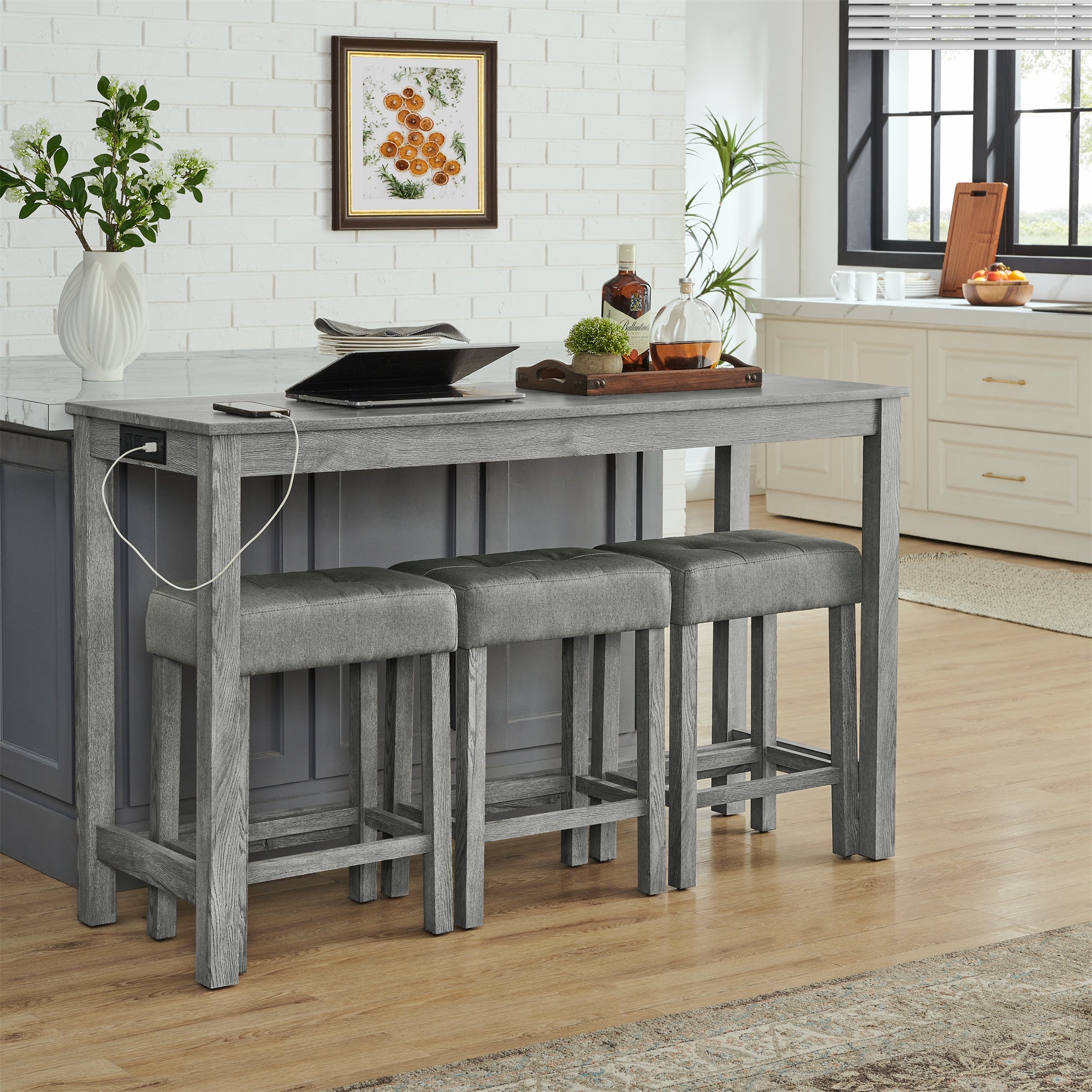 59 Inch Bar Table, Dining Table, Sofa Table with Power Outlet, 3 Upholstered Stools, 4 Piece Bar Table and Chair Set for Living Room, Dining Room, Kitchen