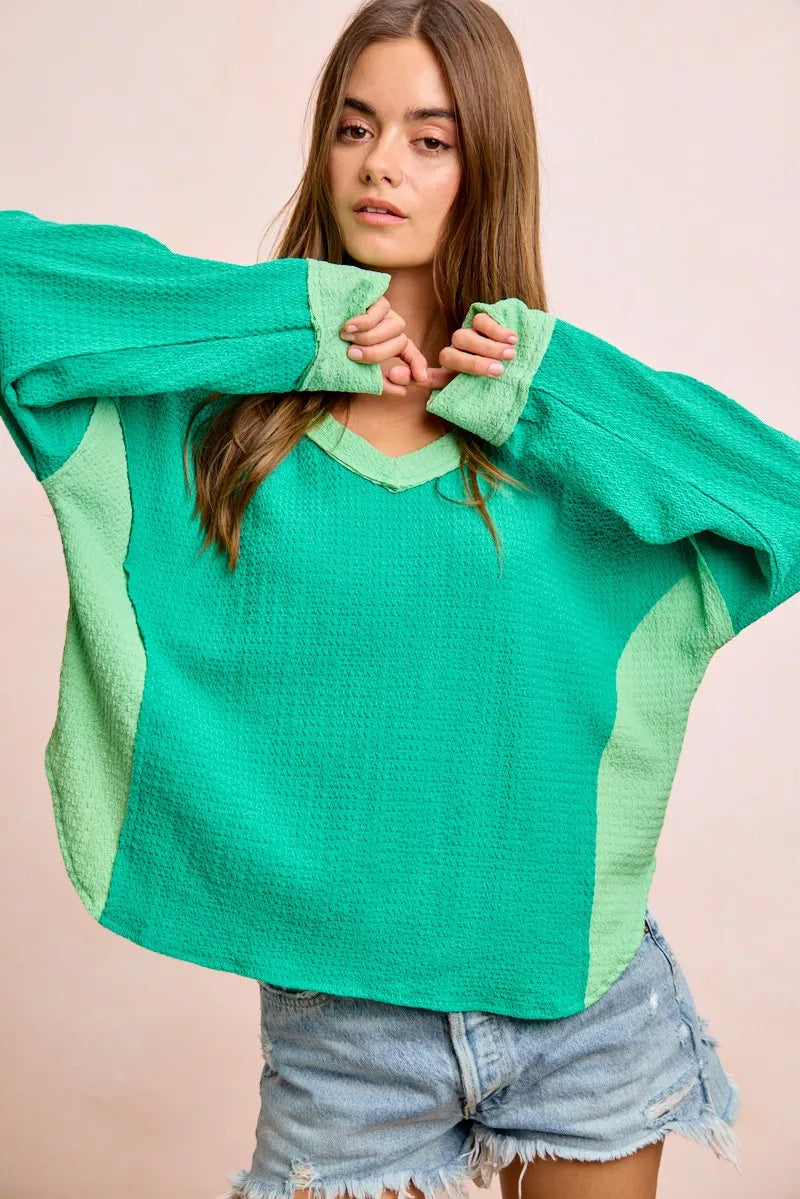 BiBi Textured Jersey Color Block Top With Cut Edge