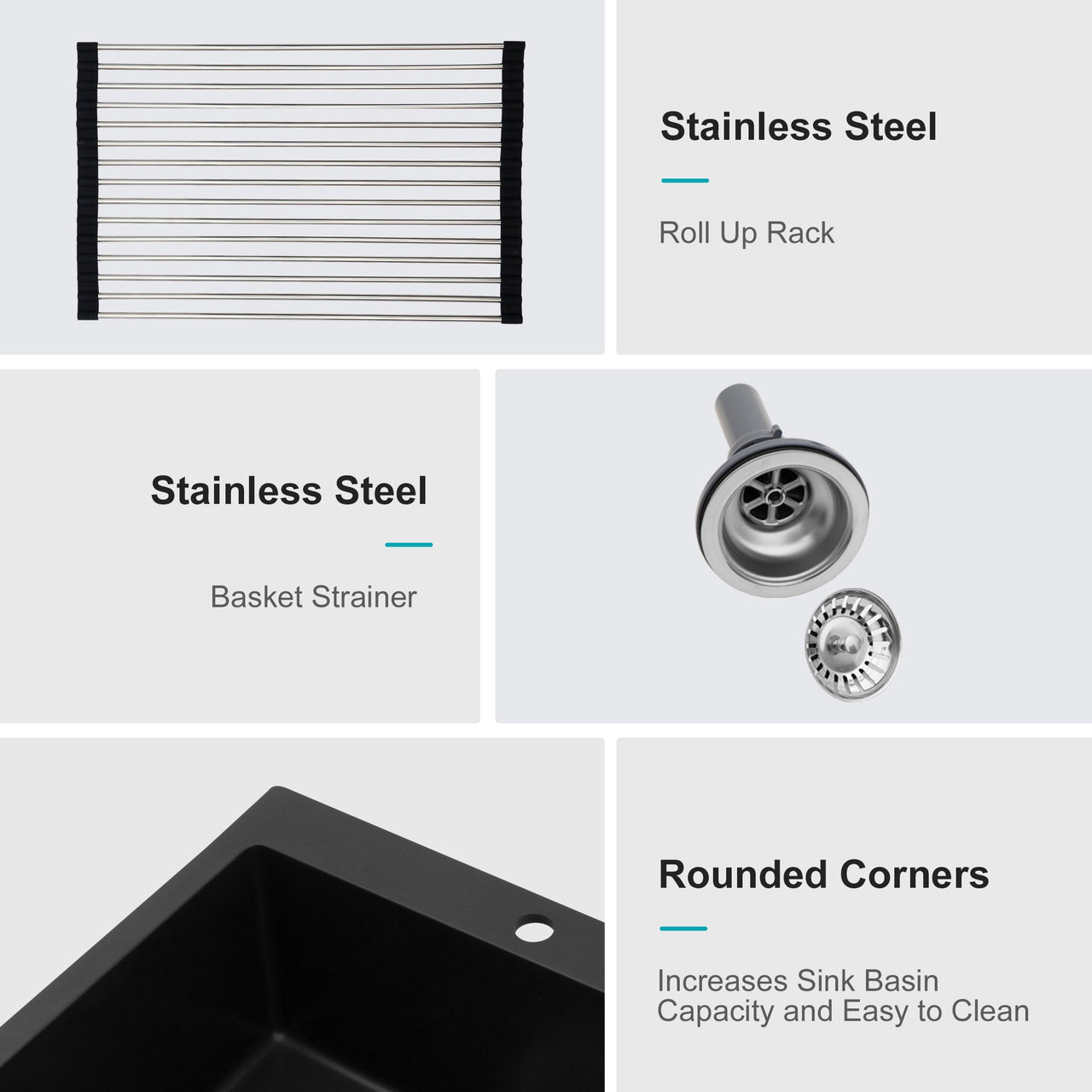 Quartz Kitchen Sink - 25 x 22 Inch Black Granite Composite Drop-In Sink