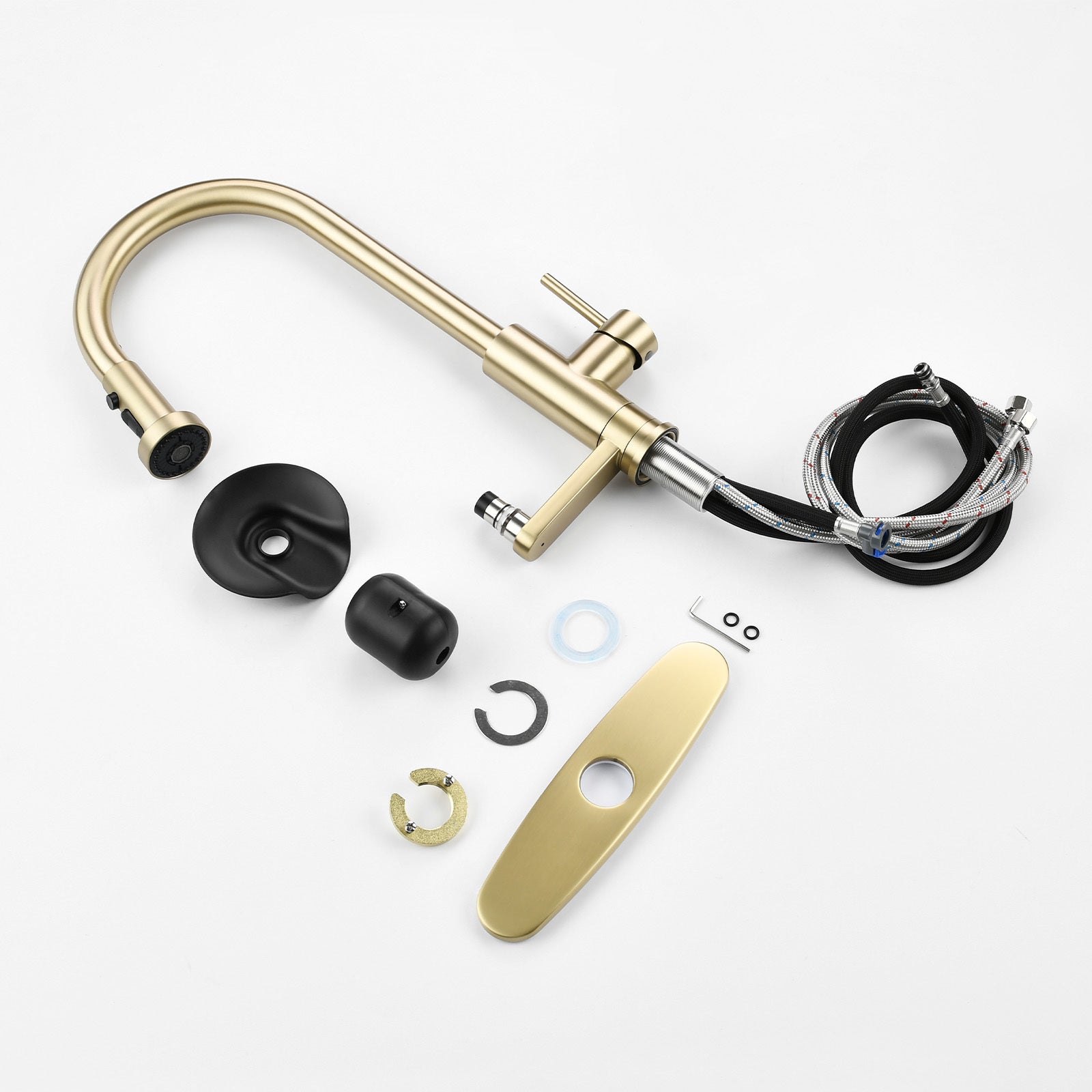 3-in-1 Kitchen Faucet with Press-Type Glass Rinser, Brushed Gold Finish, High-Arc Pull-Down Sprayer, Universal for 1 & 3 Holes, Stainless Steel and ABS Construction