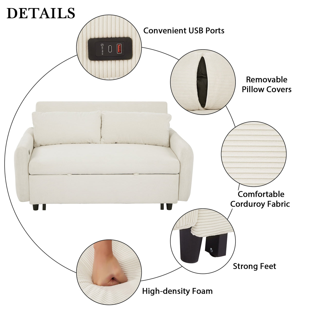 Modern Convertible Pull-out Sofa Bed with USB Ports and Pillows, Beige Corduroy, 57.48 inches