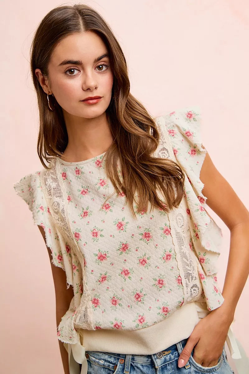 BiBi Flower Printed Ruffle Sleeve Trim Detail Top