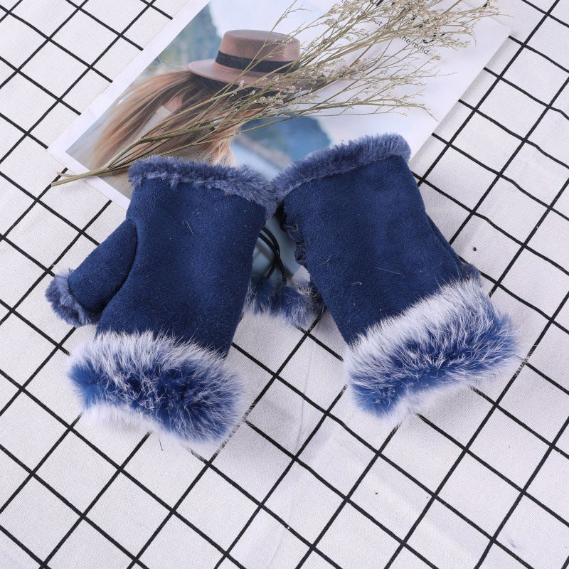 Suede Rabbit Hair Half Finger Gloves