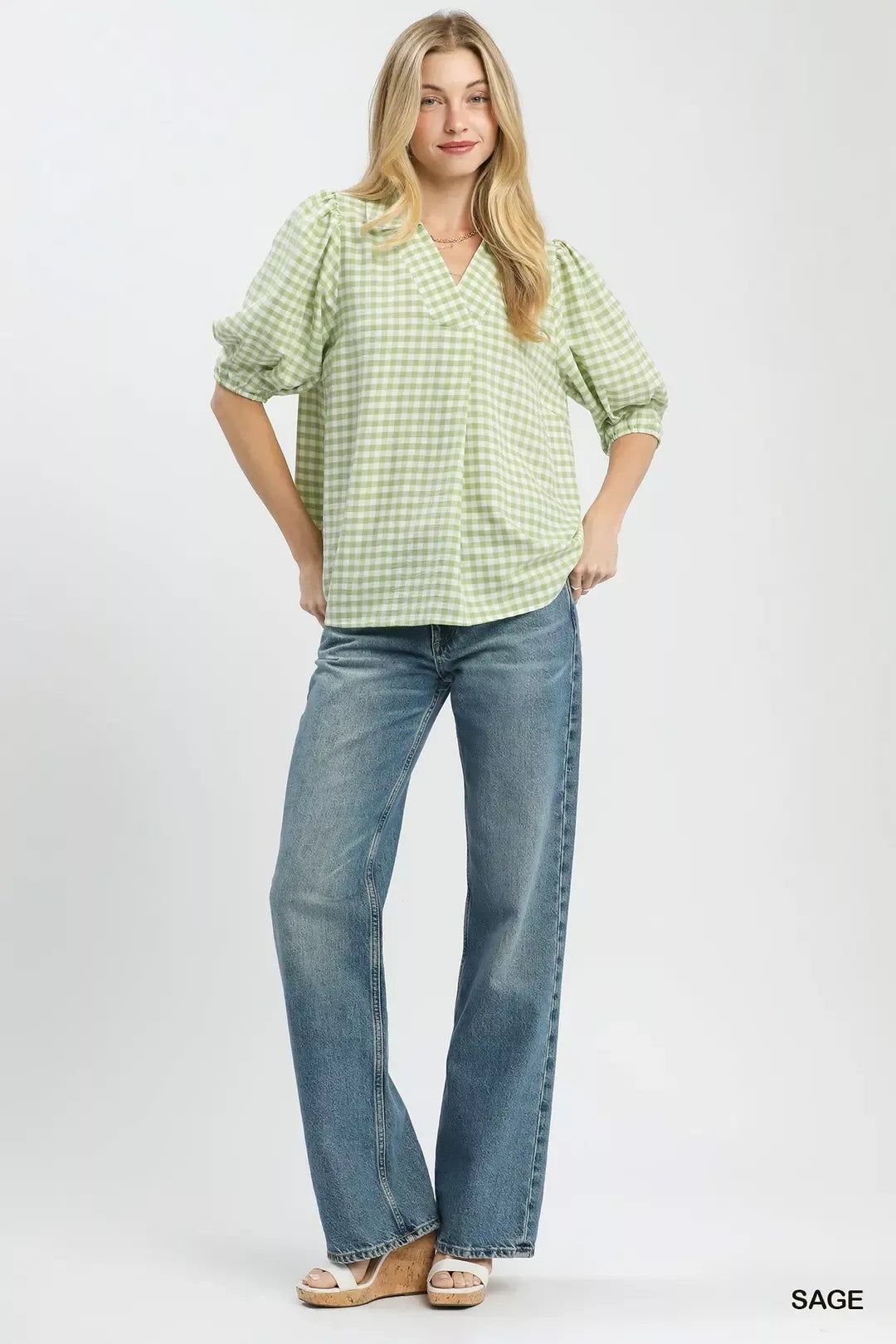 Umgee Gingham Puff Sleeve Collared Blouse
