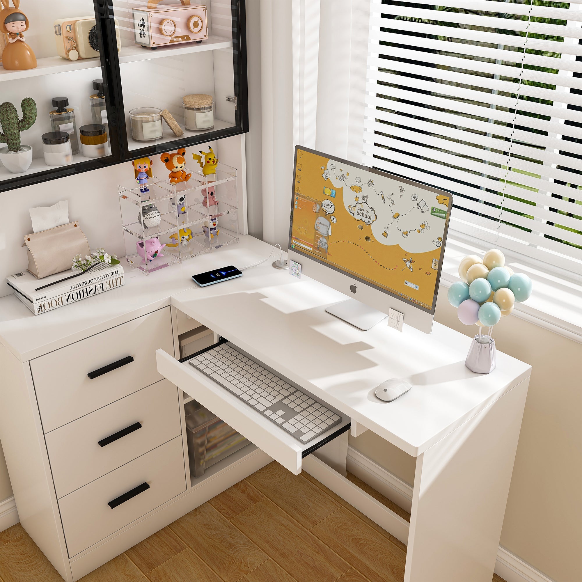 White L-Shaped Computer Desk with Glass Cabinets, Built-In LED Lights, USB Charging Ports, and Keyboard Tray - Ergonomic Office Furniture for Home and Corporate Workspaces