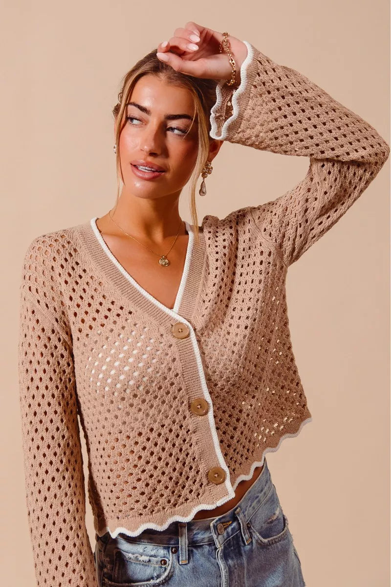 SO ME Open Knit Light Weight Sweater Cardigan With Contrast Wavy Scallop Edge