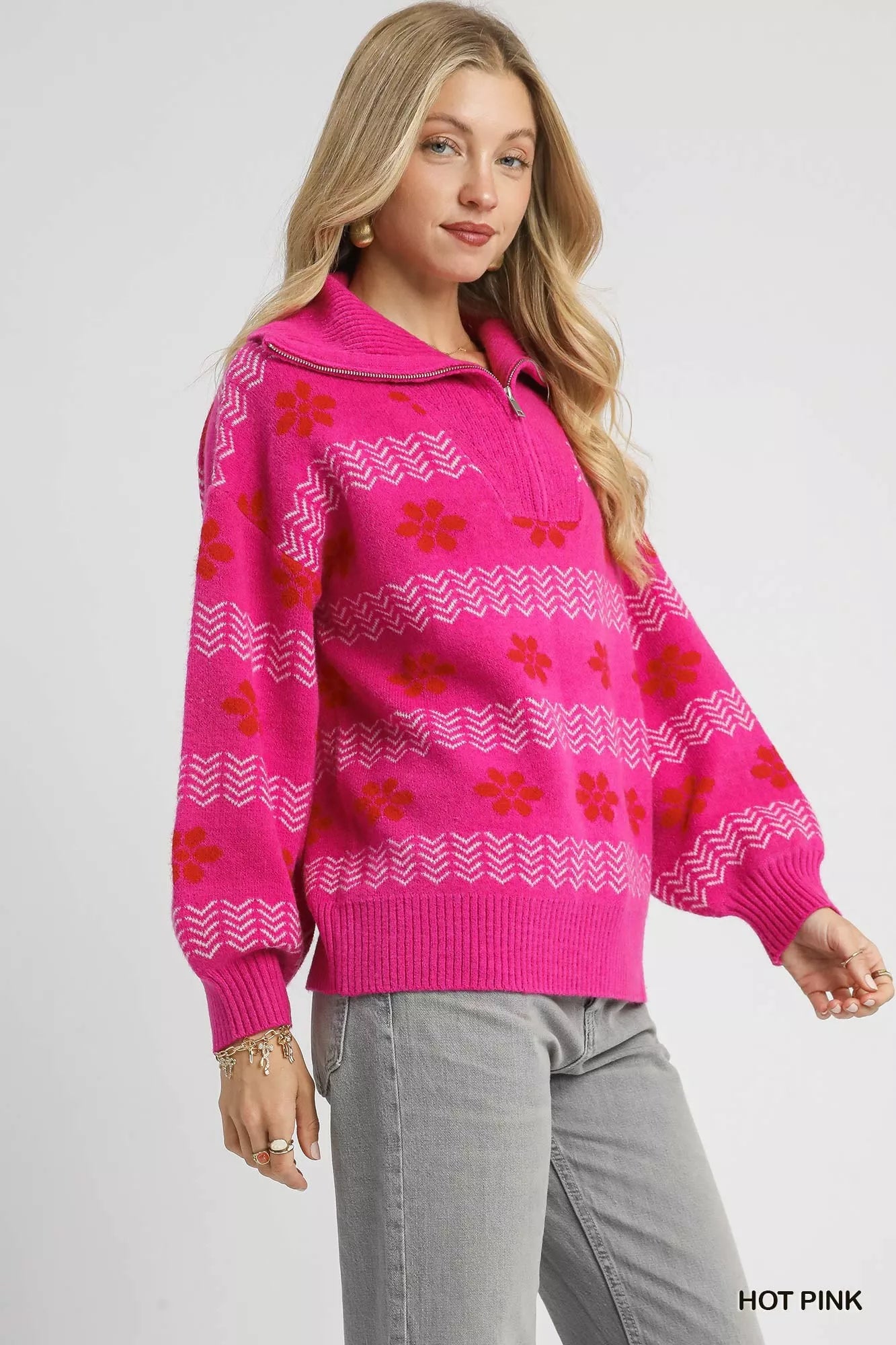 Umgee Floral Patterned Jacquard Quarter-Zip Pullover Sweater