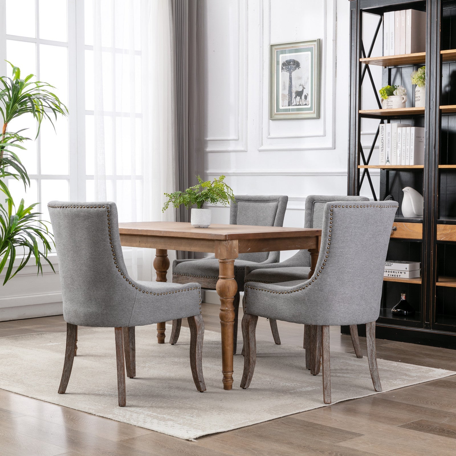 A&A Furniture Ultra Side Dining Chair with Thickened Fabric and Solid Wood Legs, Bronze Nail Head, Set of 2, Gray