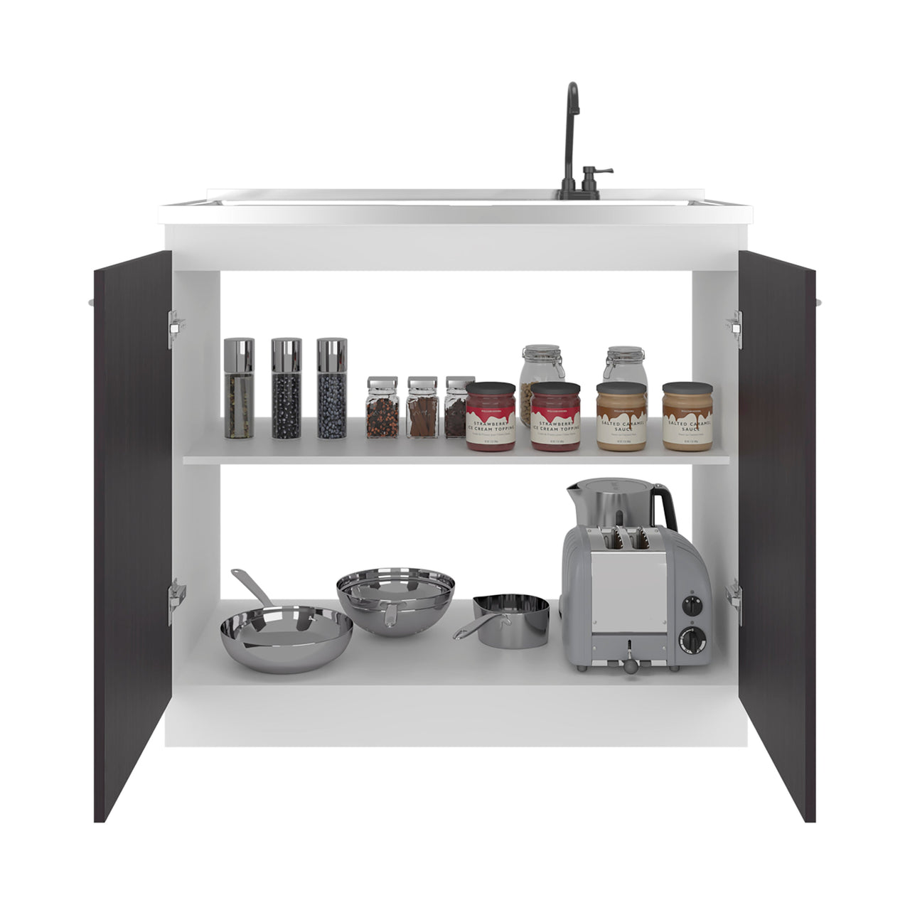 Napoles Utility Sink with Faucet Inclued and Integrated Stainless Steel Counter top, Freestanding cabinet with two doors, Metal Handles and Two interior shelves, Black & White Print