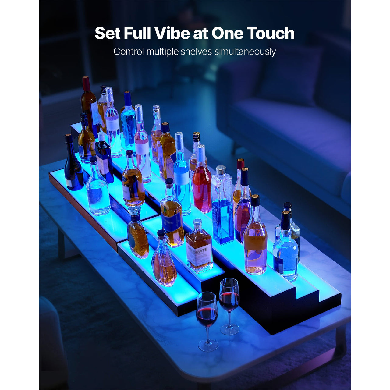 LED Lighted Liquor Bottle Display, 2 Tiers 20 Inches Whiskey Rack, Supports USB, Illuminated Home Bar Shelf with RF Remote & App Control, 9 Static Colors, Acrylic Lighted Shelf for 10 Bottles