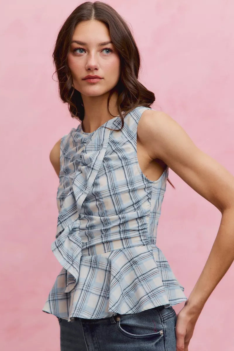 SO ME Plaid Sleeveless Ruffle Peplum Top