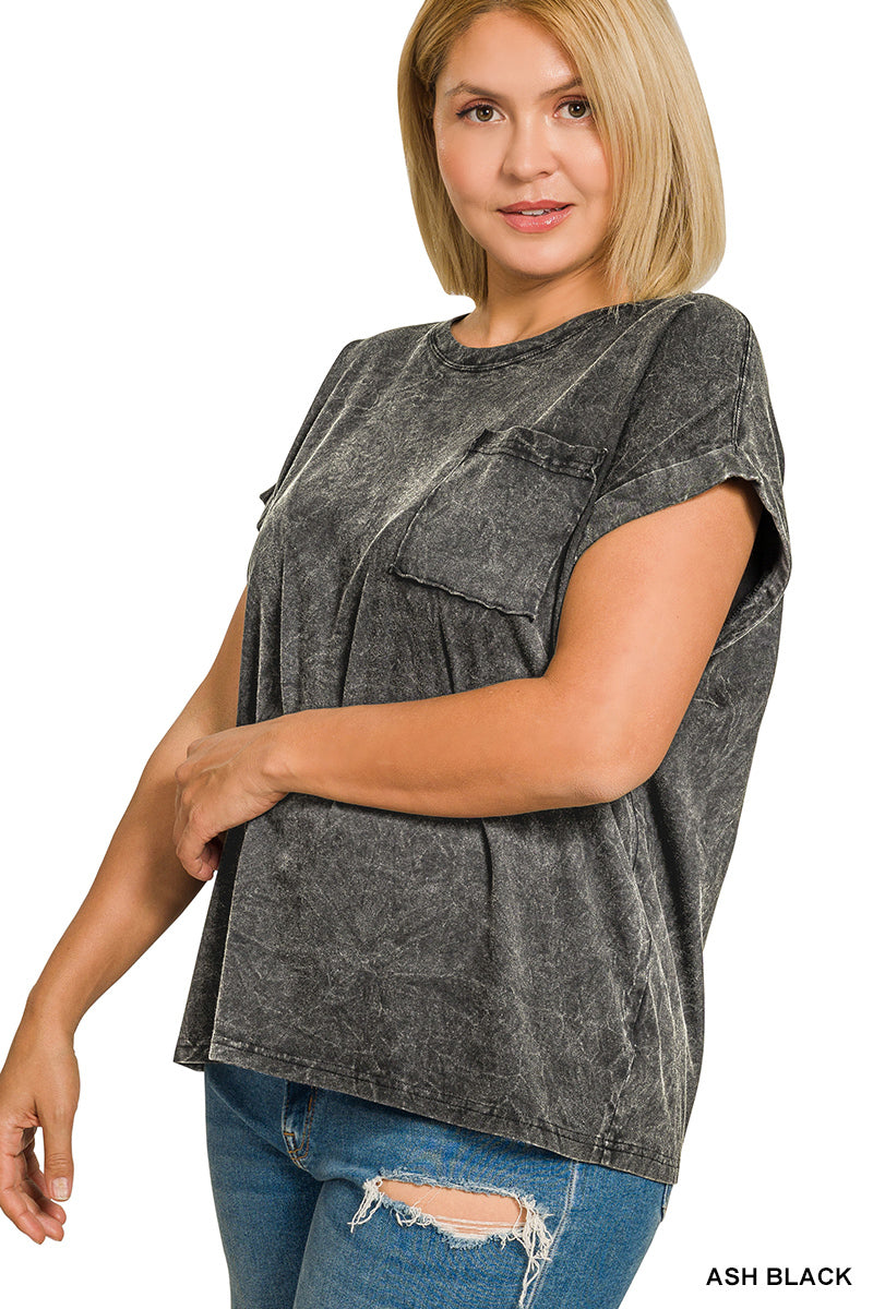 Zenana Full Size Crinkle Washed Round Neck Folded Short Sleeve Tee Plus Size