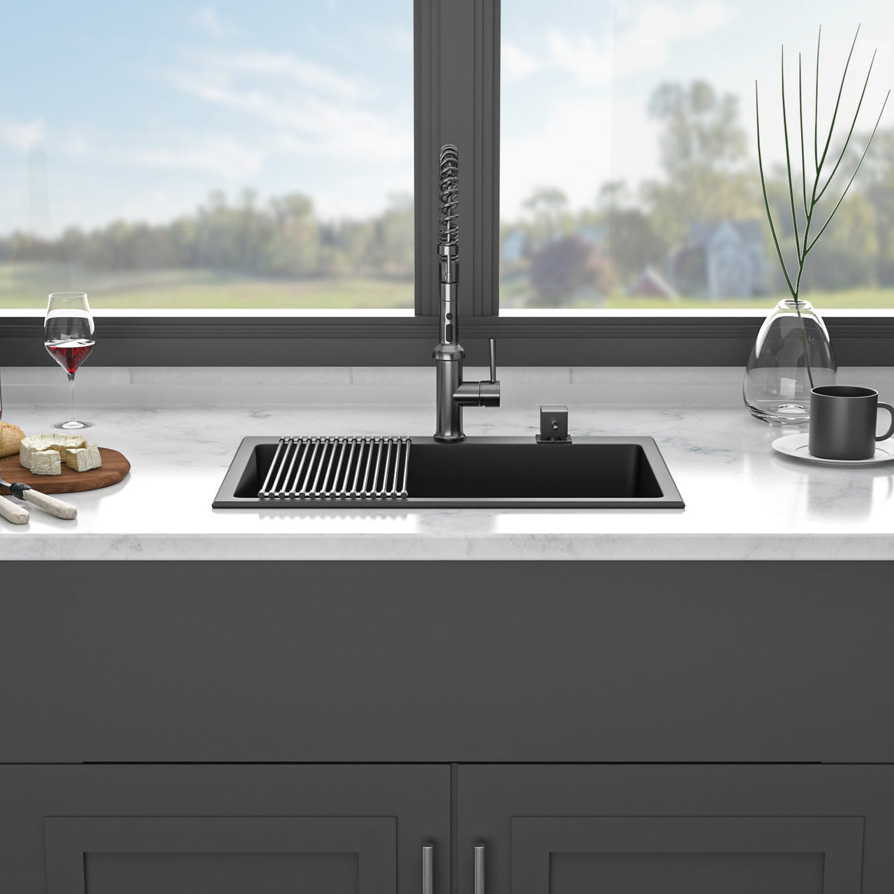 Quartz Kitchen Sink - 33' x 22' Black Granite Composite Drop-In Sink with Durable Construction
