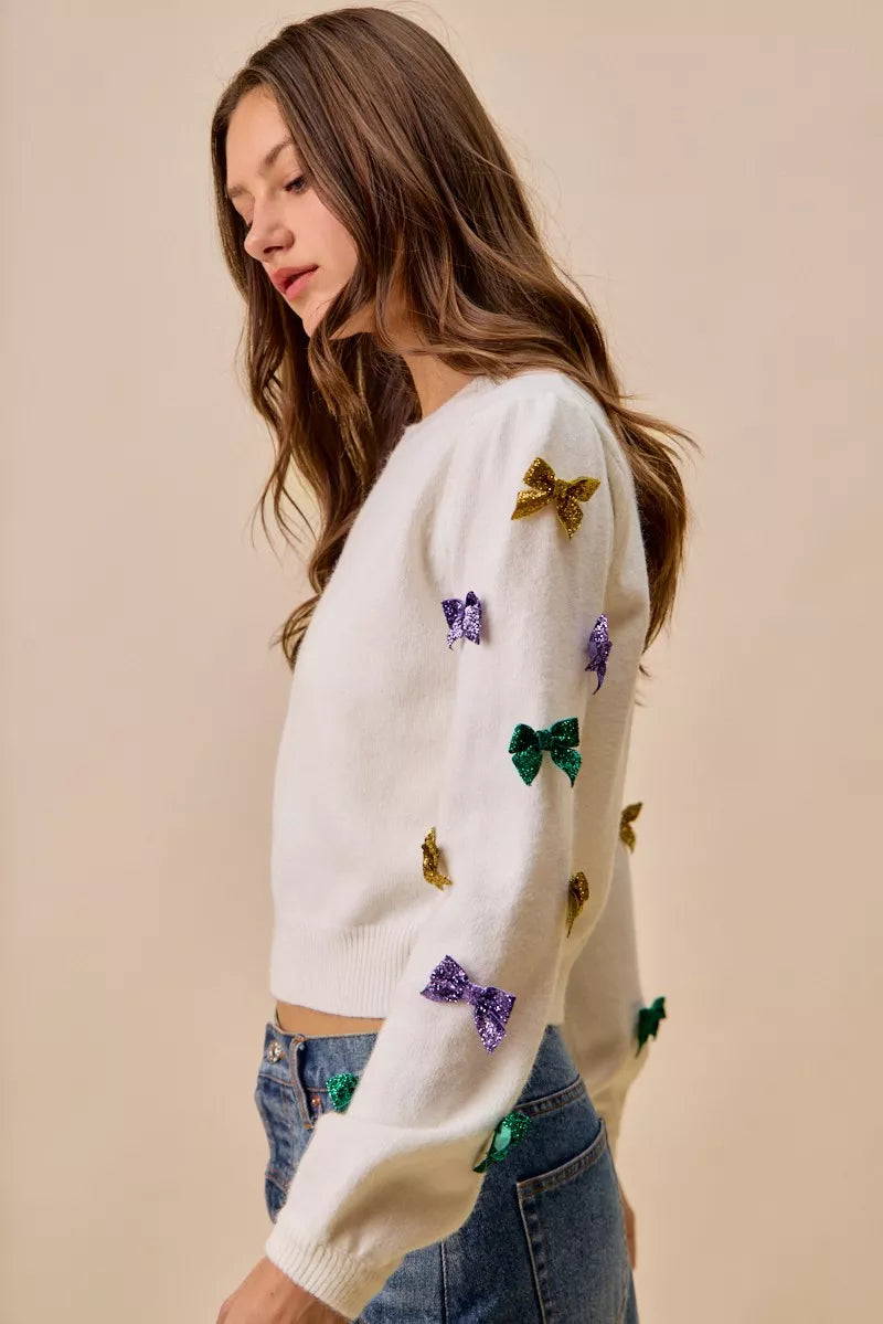 SO ME Mardi Gras Glitter Bow Ribbon Sweater Knit Top