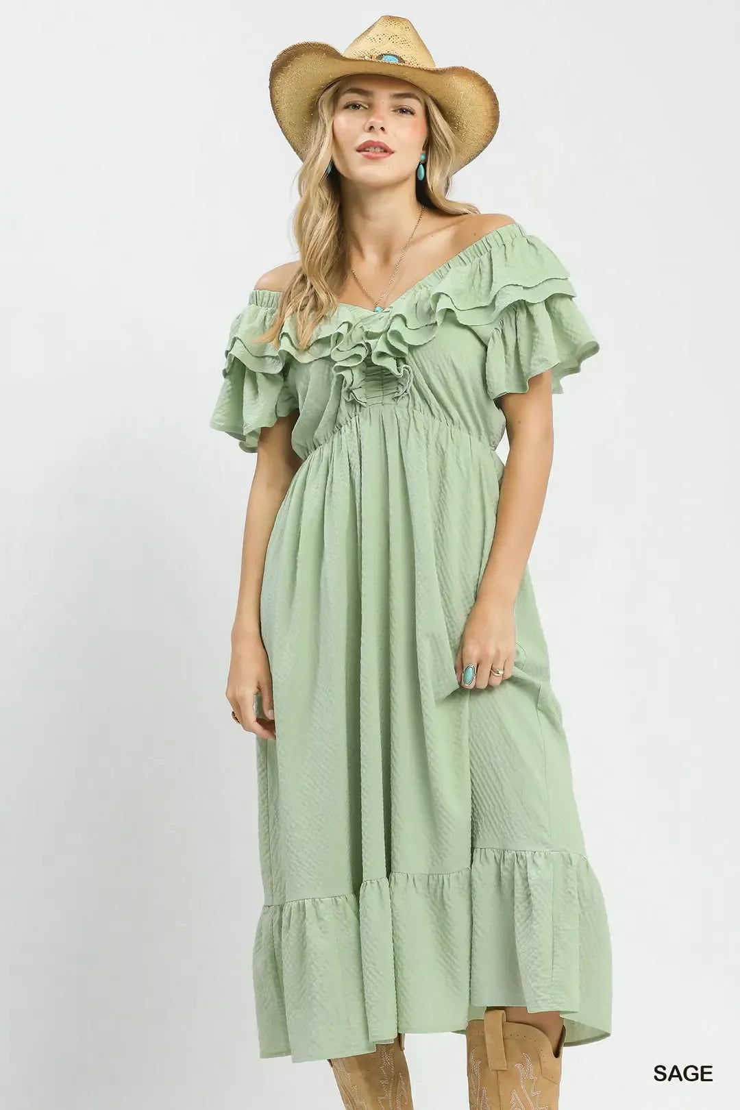 Umgee Textured Ruffle Midi Dress
