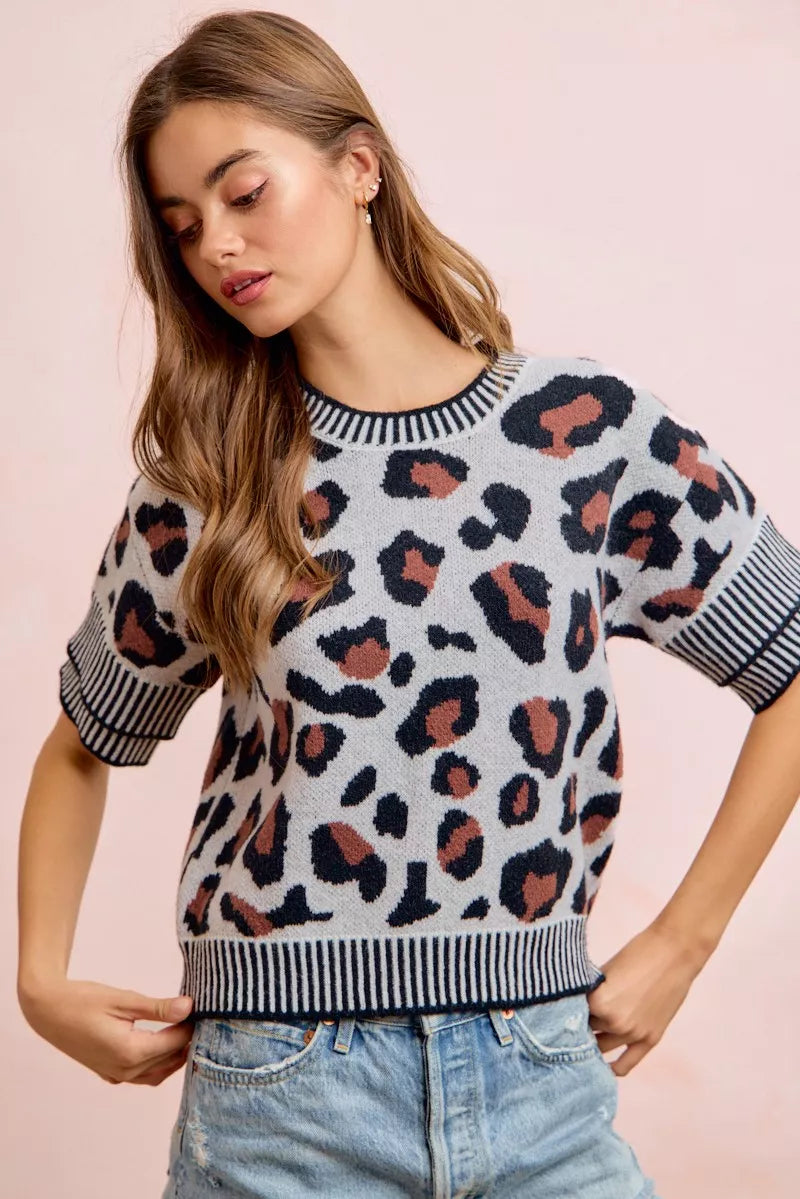 BiBi Two Tone Detail Leopard Knit Double Sleeves Top