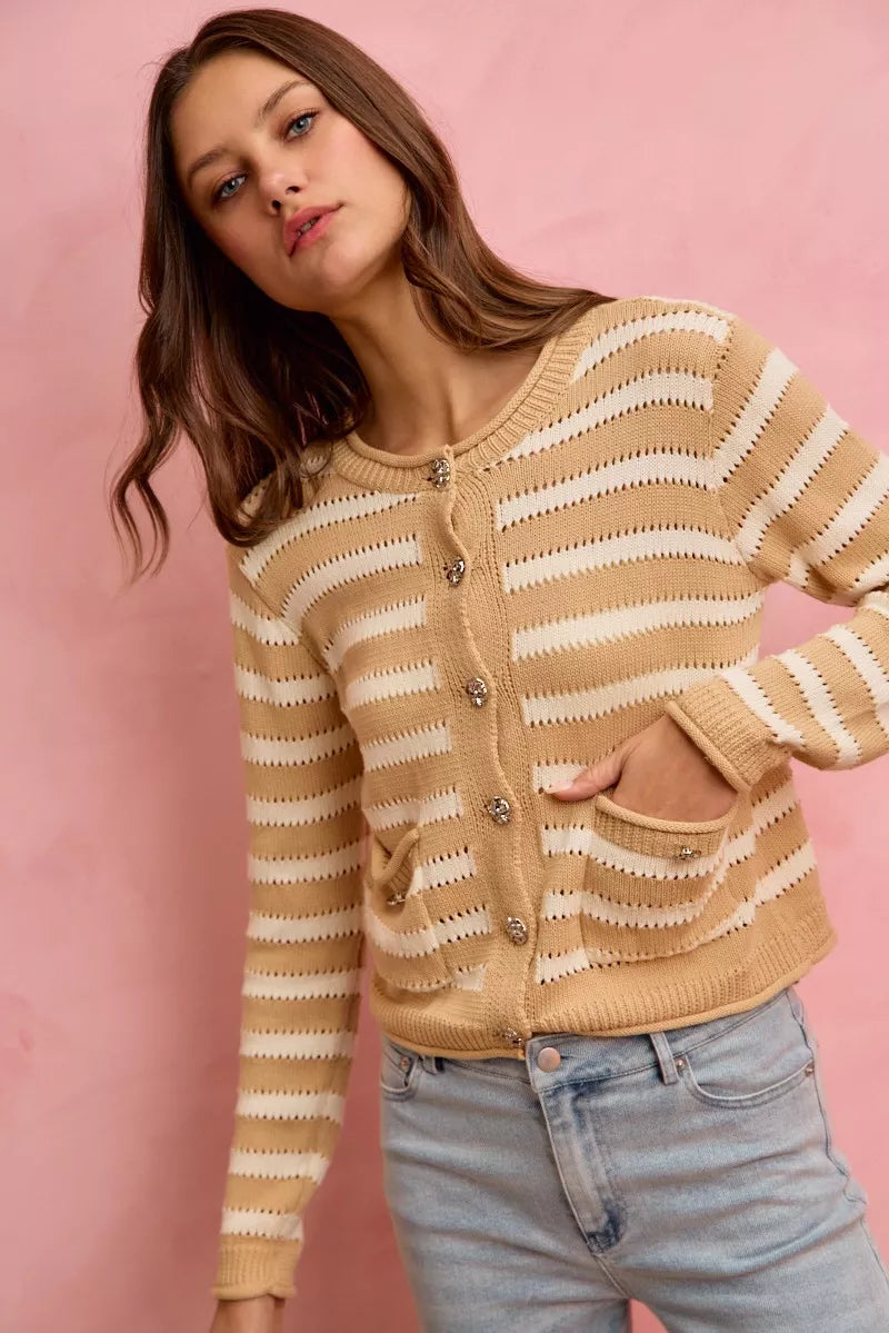 SO ME Stripe Long Sleeves Button Sweater Cardigan