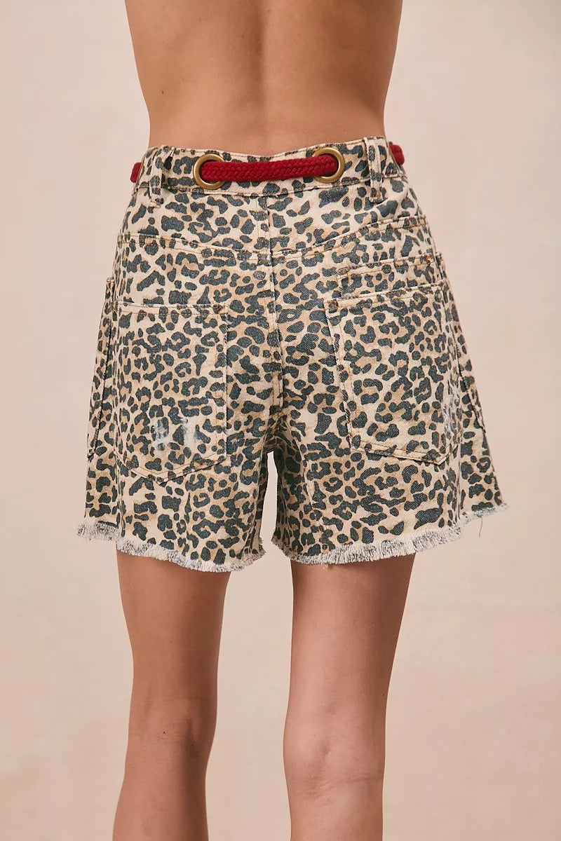 BiBi Braided Waist Belt Patch Pockets Leopard Print Shorts