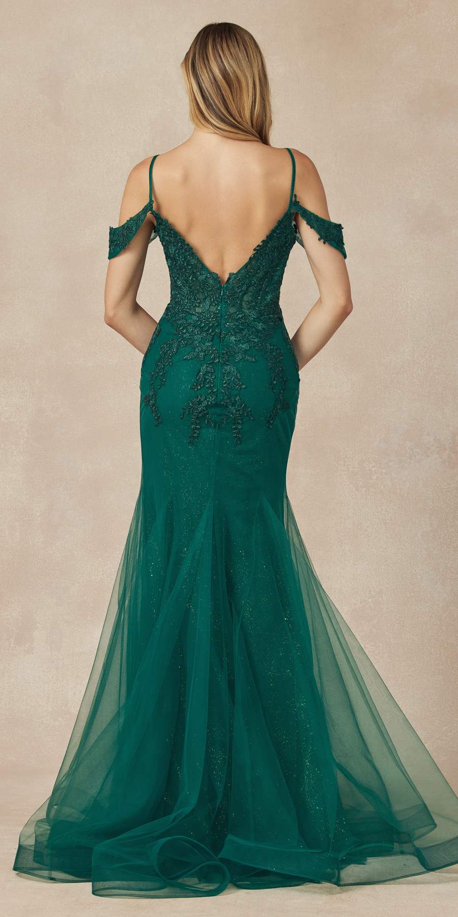 Juliet 281 Long Fully Mesh Gown Off the Shoulder Sleeves Mermaid Skirt