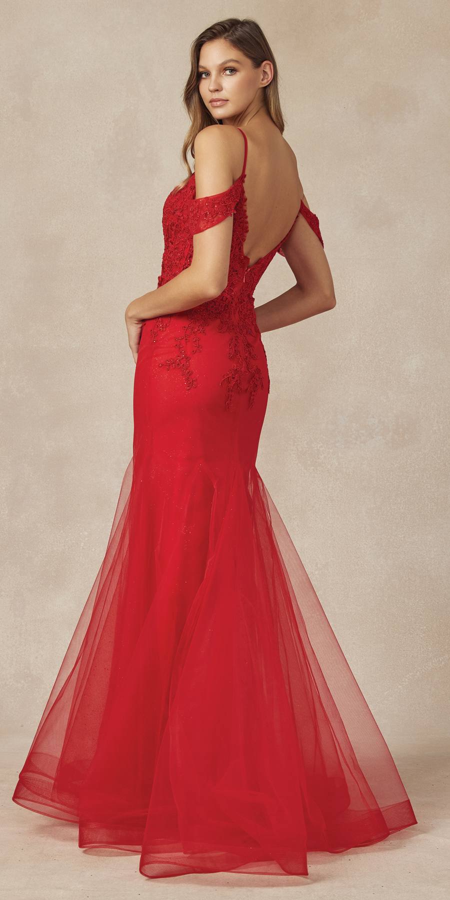 Juliet 281 Long Fully Mesh Gown Off the Shoulder Sleeves Mermaid Skirt