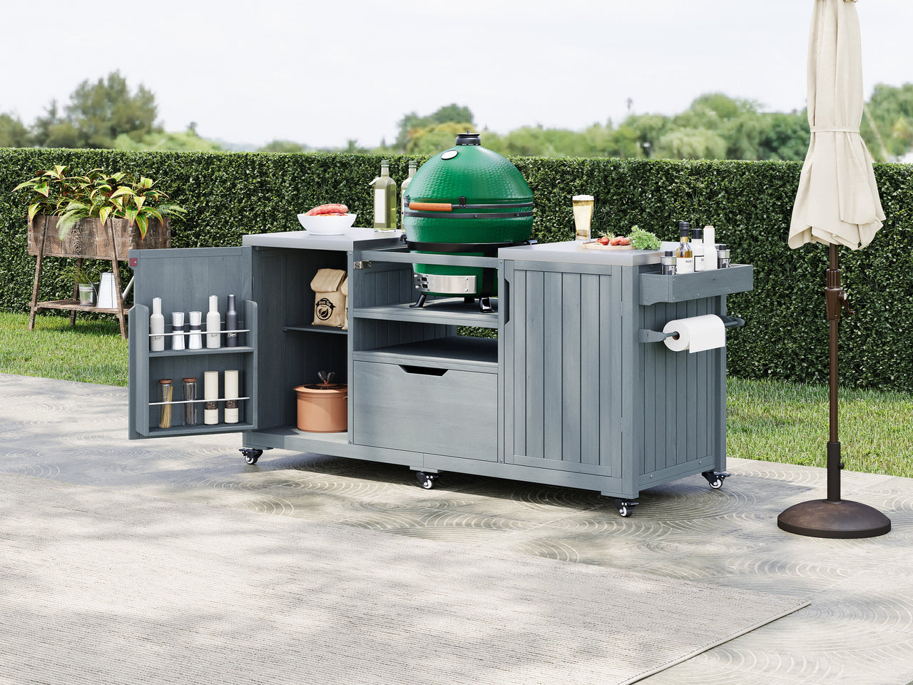 K&K 66.5' Outdoor Kitchen Island for Big Green Egg Grills, Solid Wood Outdoor Grill Cart for Tabletop Grill with Stainless Steel Top, Drawer, Compatible with Large Big Green Egg, Kamado Joe- Grey Blue